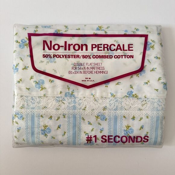 Vtg #1 SECONDS No Iron Percale Double Flat Sheet Blue Floral Lace NEW NOS 70's - Picture 1 of 3
